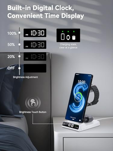 Wireless Charger for Samsung S25 with Clock 3 in 1 Android Charging Station - color: White