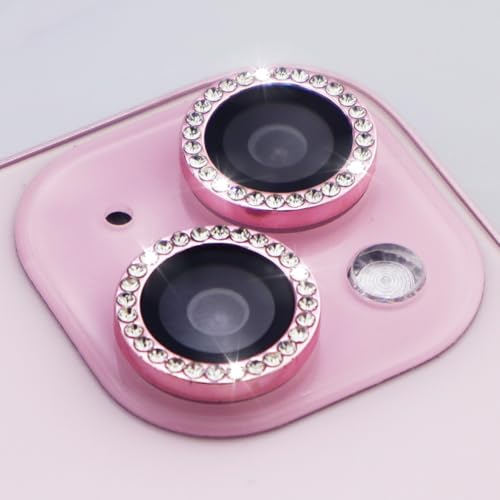 Camera Lens Protector for iPhone 15/15 Plus/14/14 Plus Bling Diamond Metal Ring Rhinestone Tempered Glass Lens Cover Accessories (Pink) - color: Pink