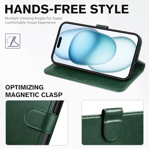 TUCCH Wallet Case for iPhone 15 (6.1") 2023, 4 Card Slots, Dark Green | RFID Blocking, Viewing Stand, Shockproof TPU Shell, PU Leather, Magnetic Closure, Protective Folio Flip Cover - color: Green
