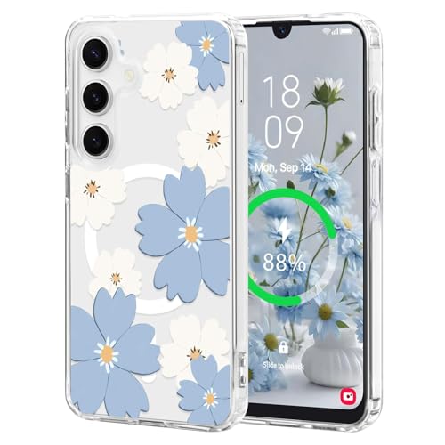 for Samsung Galaxy A15 4G/5G Case Flower Clear Magnetic,Blue | [Compatible with Magsafe], Cute Flower Girls Women Clear Case Silicone Shockproof Protective Cover with Pretty Floral Pattern - color: Blue, size: Samsung Galaxy A15 4G/5G