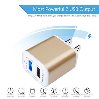 USB Power Adapter, Wall Plug Ailkin 2-Pack 5V/2.1A Fast Charging Cell Phone - color: Gold