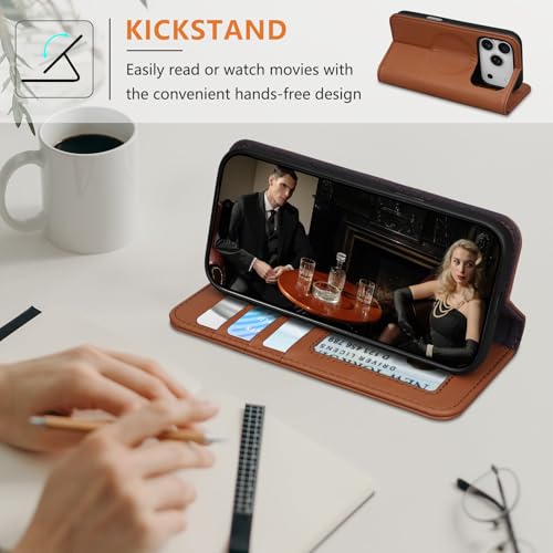 for iPhone 17 Pro 6.3" Wallet Case Card Holder Brown | Magsafe Compatible,RFID Blocking,Kickstand,Folio Cover,Genuine Leather - color: Brown, size: 6.3" iPhone 17 Pro