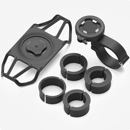Bike Handlebar Phone Mount with Shockproof Silicone Grip – Quick-Lock Aluminum Out-Front Holder with Quad Safety Buckles & Elastic Strap, Fits 4.0”–6.7” Phones – Secure Fit for Road & Urban Rides - style: 【4-Buckle Style】Stem Mount + Silicone Adapter - Bl