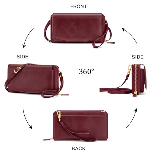 Peacocktion Womens Crossbody Wristlet Wallets with Cell Phone Pocket RFID Vegan Leather Cross Body Purses Travel - color: 05-wine Red