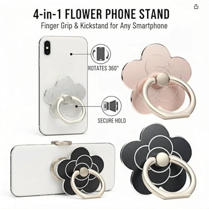4 Pcs Cell Phone Ring Holder Flower,360 Rotate and 180°Angle Adjustable Metal Finger Ring Socket Grip Kickstand for Smartphones