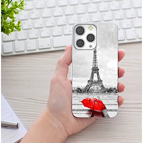 for iPhone 14 Pro Max Case for Women Girl Men,Full Protective Shockproof Slim Soft TPU Clear Phone Cover Cases with Design for iPhone 14 ProMax,Romantic France Paris Eiffel Tower Red Umbrella - color: A Eiffel tower in the rain
