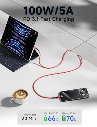 JSAUX 100W USB C to USB C Cable, 2-Pack 6.6FT, 5A Fast Charging, Red - color: Red, size: 6.6 ft+6.6 ft