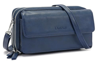 RFID Crossbody Wallet Wristlet Purse with Phone Pocket For Women Vegan Leather - color: B-navy Blue