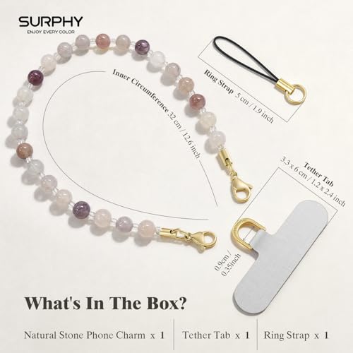 SURPHY Natural Stone Phone Charm, Beaded Phone Wrist Strap with Tether Tab - color: A- Mauve Haze Quartzite