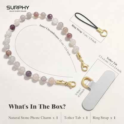 SURPHY Natural Stone Phone Charm, Beaded Phone Wrist Strap with Tether Tab - color: A- Mauve Haze Quartzite