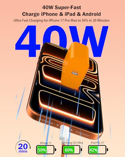 [Apple MFi Certified] 40W GaN III USB C Charger with 10FT Cable for iPhone - color: Orange