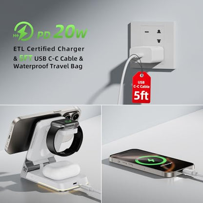 Foldable Wireless Charger 3 in 1 - Magnetic Wireless Charging Station for Apple Magsafe Charger Stand with Light,Aluminum Portable Travel Charger Dock for iPhone 17/16/15/14/13/12,Apple Watch,AirPods - color: Silver