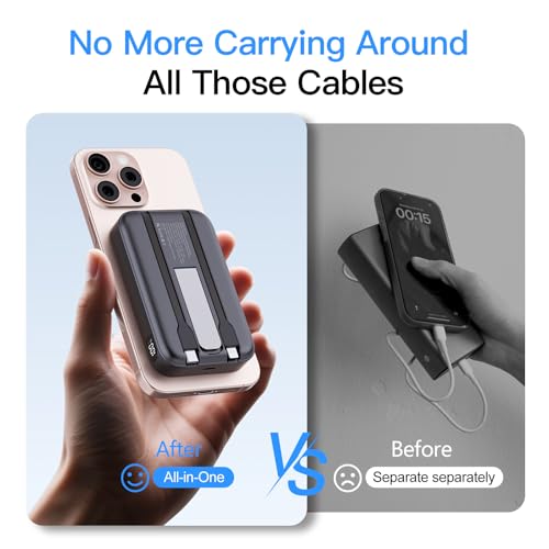 16800mAh Magnetic Power Bank with Built-in Cables for iPhone Series | MagSafe Portable Charger LED Display Wireless Charger Travel Essential Battery Pack for iPhone 17/16/15/14/13/12 Andriod