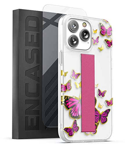 ENCASED Bando Series Designed for iPhone 14 PRO MAX Case with Hand Strap Loop and Screen Protector (Clear/Pink Butterfly) - color: Pink Butterfly