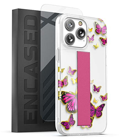 ENCASED Bando Series Designed for iPhone 14 PRO MAX Case with Hand Strap Loop and Screen Protector (Clear/Pink Butterfly) - color: Pink Butterfly