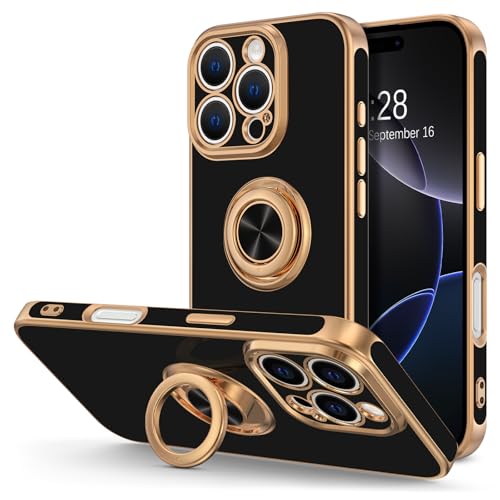 Hython for iPhone 16 Pro Case with Ring Stand, 360° Rotatable Ring Holder Magnetic Kickstand, Plating Rose Gold Edge Soft Cover Protective Phone Case for iPhone 16 Pro 6.3", Black - color: Black, size: Iphone 16 Pro - 6.3 Inch