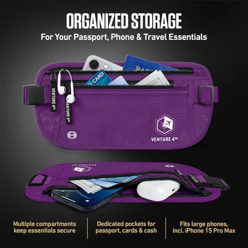 VENTURE 4TH Travel Money Belt, RFID Blocking Passport Holder - Purple - color: Purple