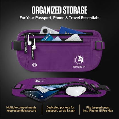 VENTURE 4TH Travel Money Belt, RFID Blocking Passport Holder - Purple - color: Purple