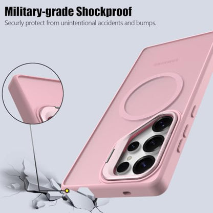Nvollnoe for Samsung S25 Ultra Case Compatible with MagSafe Military Grade Shockproof Heavy Duty Protective Adjustable Kickstand Matte Semi Clear Phone Cover for Samsung S25 Ultra(Pink) - color: Pink