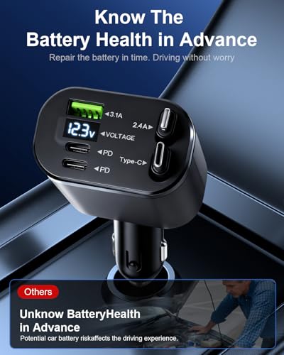 5-in-1 Fast Car Charger with USB-A and USB-C Ports, 75W High-Speed Charging, Retractable USB-C and Lightning Cables, Compatible with iPhone 16/15/14, Samsung Galaxy