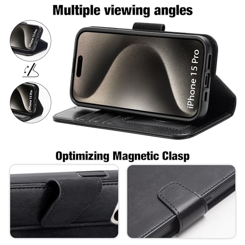 Arae Compatible with iPhone 15 Pro Case with Card Holder and Wrist Strap Wallet Flip Cover for iPhone 15 Pro 6.1 inch,Black - color: Black, size: iPhone 15 Pro 6.1 inch