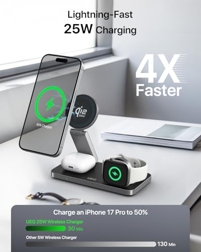 UEQ 3-in-1 Charging Station for Apple Devices,QI2.2 25W Ultra-Fast Magnetic Wireless Charger Stand,Compatible with MagSafe,Foldable Travel Charger for iPhone Air/17/16/15/14/13/12,Apple Watch,AirPods - color: Pure Black