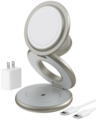 KU XIU X63 Natural Titanium 3 in 1 Charging Station for Apple, Aluminum Alloy Foldable Magnetic Wireless Charger, Travel Stand for iPhone 17/16/15/14/13/12, Apple Watch & AirPod,with 20W Adapter - color: Natural Titanium