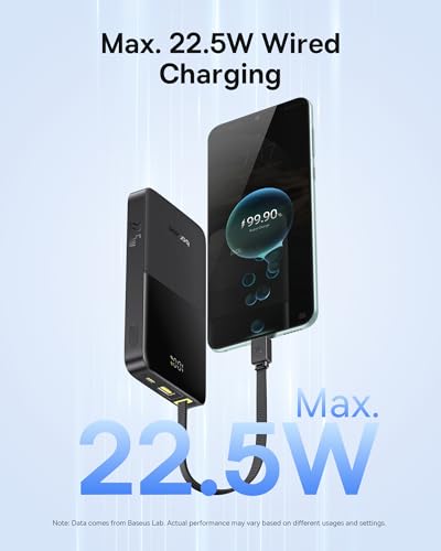 Baseus Portable Charger, 10000mAh Fast Charging Power Bank, 22.5W PD3.0 QC4+ Battery Pack Built-in USB C Braided Cable, Travel Essentials Portable Phone Charger for iPhone 18 17 16 15, iPad, S26/S25