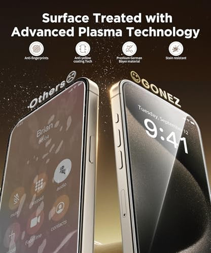 GONEZ 3-Pack Screen Protector for iPhone 15 Pro Max [6.7”] + 3-Pack Camera Lens Protector with Installation Frame, Sensor Protection, Compatible with Dynamic Island, Case Friendly Tempered Glass Film