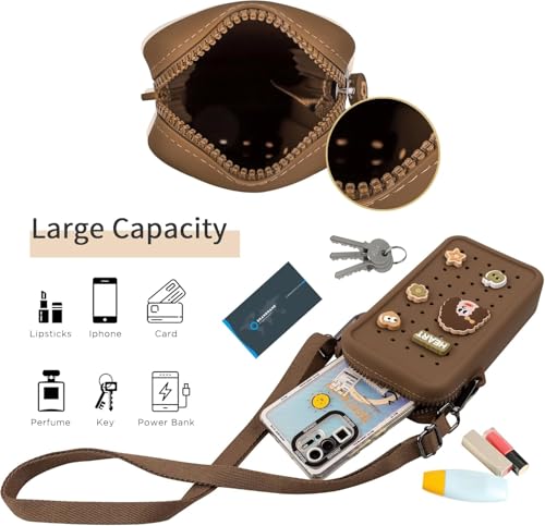 Silicone Crossbody Bag for Women, DIY Charm Compatible Perforated Hole Design, Compact Waterproof Lightweight Phone Purse with Adjustable Strap for Daily Use (Brown) - color: Brown