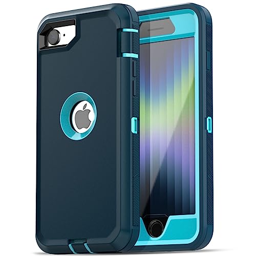 AICase for iPhone SE Case 3rd & 2nd Generation, for iPhone SE 2022/2020 Built-in Screen Protector Heavy Duty Protective Shockproof 3-Layer Full Body Rugged Phone Cover, Blue/Turquoise - color: Blue/turquoise