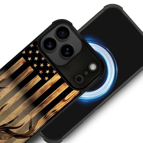 DJSOK Case for iPhone 17 Pro Max,Compatible with MagSafe,Anti-Scratch Shockproof Case,Wood Grain American Flag Buck Hunter Deer - color: Wood Grain American Flag Buck Hunter Deer, size: IPhone 17 Pro Max