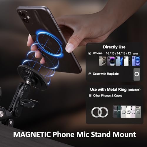 Mic Stand Phone Holder Aluminum Compatible with Magsafe iPhone 16/15/14/13/12 Plus Pro Max Series, Side Mount Cellphone Music Stand Holder for Microphone, 360° Swivel Tilt Adjustable Mic Phone Mount