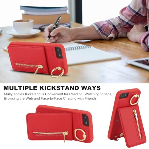 Crossbody Wallet Case for iPhone 7/8/SE 2020/SE 2022, with Card Slots Zipper Pocket Case, Flip Folio Purse RFID Blocking with Ring Kickstand Detachable Strap-Red - color: Red, size: iPhone 7/8/SE 2020/SE 2022 (4.7")