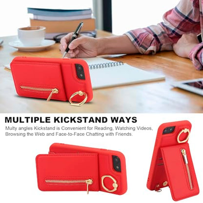 Crossbody Wallet Case for iPhone 7/8/SE 2020/SE 2022 with Lanyard Strap Card Slot Holder RFID Blocking Kickstand,Magnetic Flip Folio Zipper Purse Case, PU Leather Cover Handbag,Red - color: Red, size: iPhone 7/8/SE 2020/SE 2022(4.7")
