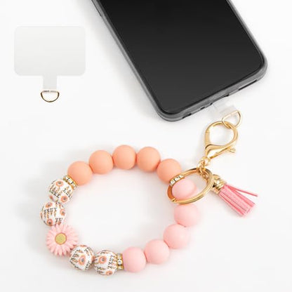 Silicone Beaded Phone Wrist Strap, Phone Wristlet Strap with Tether Tab, Elastic Hands-Free Daisy Wristlet Bracelet(Pink) - color: Daisy Pink