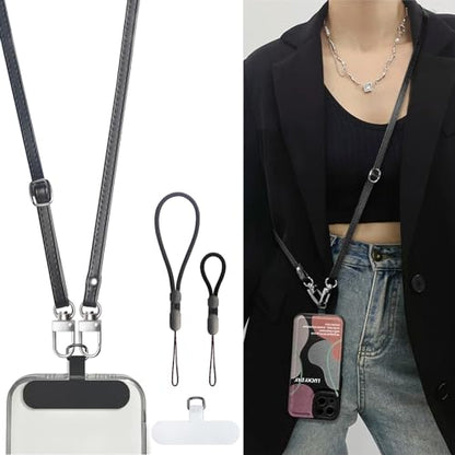 Crossbody Phone Strap with 2 Pads, Leather & Adjustable Finger Strap - Compatible with Most Smartphones (Black) - color: Black