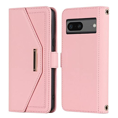 Crossbody Wallet for Google Pixel 7 Case with Strap,6.3",Pink | Long Shoulder Strap,Credit Card Holder, PU Leather, Handbag Purse, Kickstand, Make Up Mirror, Cover Case, for Women Girls - color: Pink