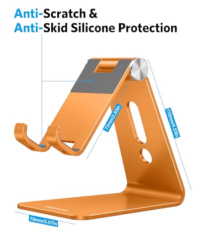 OMOTON Adjustable Cell Phone Stand, Aluminum Desktop Cellphone Stand with Anti-Slip Base and Convenient Charging Port, Fits All Smart Phones, Orange - color: Orange