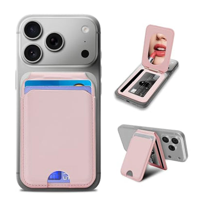 for MagSafe Wallet with Mirror, 4 Card Holder RFID Blocking Stand - color: Pink