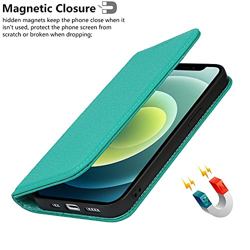 iCoverCase Compatible with iPhone 13 Wallet Case with Credit Card Holder and Wrist Strap, RFID Blocking Genuine Leather Flip Magnetic Phone Cover 6.1 Inch (Blue-Green) - color: 1-Blue-Green (No Headphone Storage Belt), size: iPhone 13