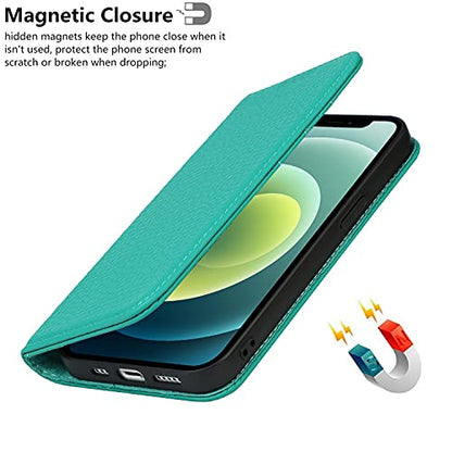iCoverCase Compatible with iPhone 13 Wallet Case with Credit Card Holder and Wrist Strap, RFID Blocking Genuine Leather Flip Magnetic Phone Cover 6.1 Inch (Blue-Green) - color: 1-Blue-Green (No Headphone Storage Belt), size: iPhone 13