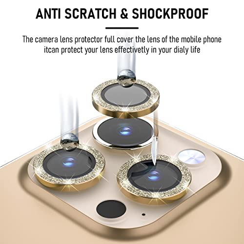 Suoman 3-Pack for iPhone 13 Pro 6.1 inch / 13 Pro Max 6.7 inch Camera Lens Protector, 9H Hardness Tempered Glass Film, [Glitter diamonds] Individual Metal Protective Cover - Gold - color: Gold