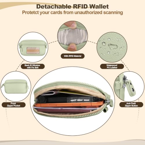 YFWE Clip and Go Phone Strap with Crossbody Wallet, Adjustable Phone Lanyard with Detachable RFID Wristlet Wallet, Anti-Theft Leather Purse with ID Window for Travel Essentials (Green) - color: Green