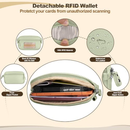 YFWE Clip and Go Phone Strap with Crossbody Wallet, Adjustable Phone Lanyard with Detachable RFID Wristlet Wallet, Anti-Theft Leather Purse with ID Window for Travel Essentials (Green) - color: Green