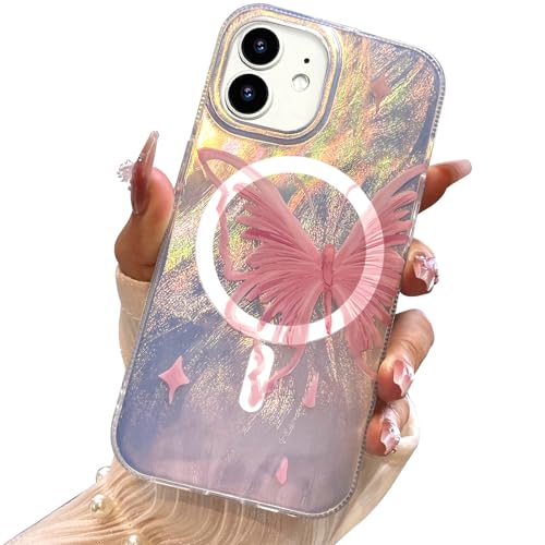 I-MGAE-IN-AR Compact Case for iPhone 11 Pale Pink Butterfly Design,[Compatible with MagSafe] Cute Soft Slim TPU Shockproof Protective Phone Cases Cover for Women Aesthetic - color: [Strong Magnet] Pink Butterfly, size: iPhone 11