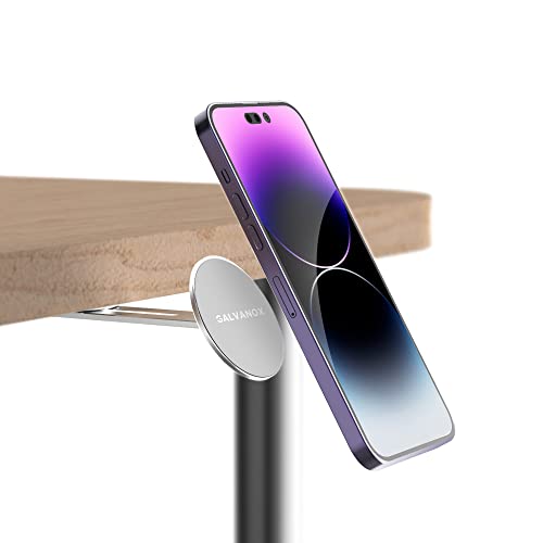 GALVANOX Magnetic Phone Holder, Fold-Away Swivel Stand Compatible with MagSafe for iPhone 12,13,14,15, 16 Pro Max | Bedroom Nightstand, Desk, Kitchen and More (Low Profile Sidemount/Under-Mount)