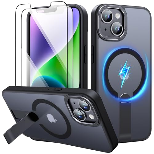 Magnetic for iPhone 13 Case/iPhone 14 Case, with 2 HD Screen Protectors, Compatible with MagSafe for iPhone 13 Case, Adjustable Stand, Matte Translucent Slim Phone Case for iPhone 13, Black - color: Black, size: iPhone 13/14 6.1"