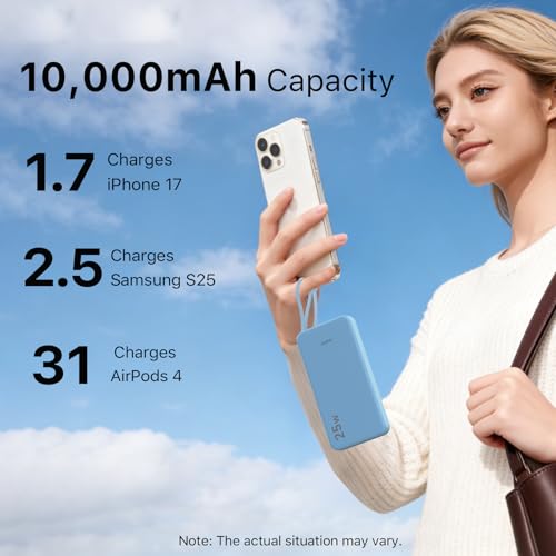 NOBIS Portable Charger 10000mAh 25W Power Bank with Built-in Cable - color: Blue