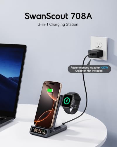 3-in-1 Charging Station for iPhone 18 Pro/18 Pro Max, 17/16/15/14/13/12 Series (Not for iPhone Duo), for Apple Watch 12/Ultra 4 & AirPods, SwanScout 708A (NO Adapter)